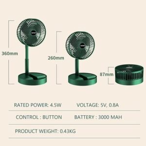 LIHUACHEN Portable Folding Fan , Rechargeable Standing Pedestal USB Fan, 3 Speeds, 3000mAh Battery Operated Fan for Home, Camping, Outdoor and Office, 6.5-Inch