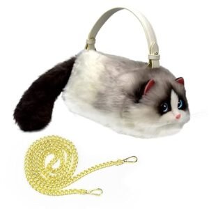 HUIJUFU Realistic Puffy Plush Cat Shaped Crossbody Handbag for Women