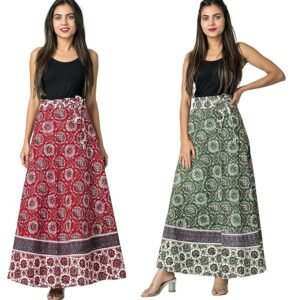 SHEENAZ Cotton Women Jaipuri Printed Long Wrap Around Skirt Combo of 2 (Free Size Upto 44-XXL) Multicolour